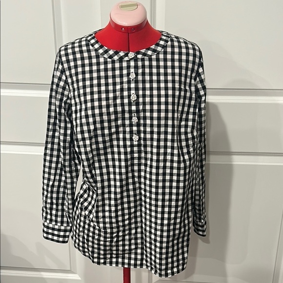 Talbots Plus Black White Gingham Rhinestone Buttons Long Sleeve Top Size XL - Picture 1 of 7